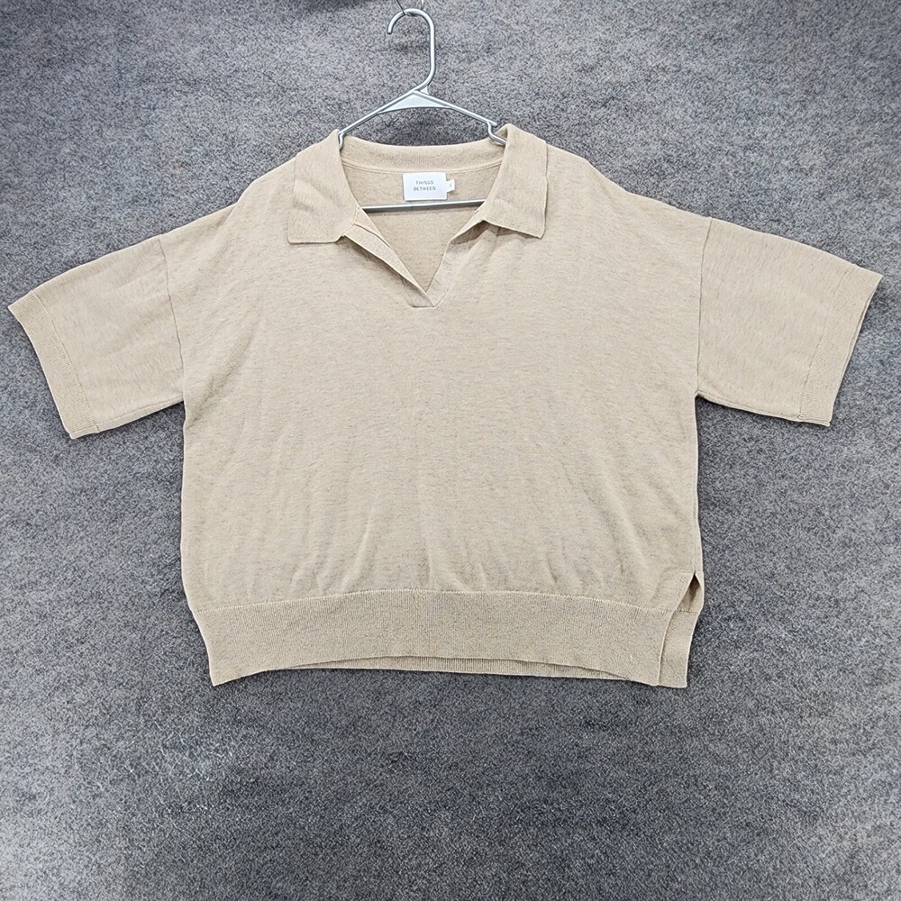 Things Between Sweater Womens Small Short Sleeve Beige Collared